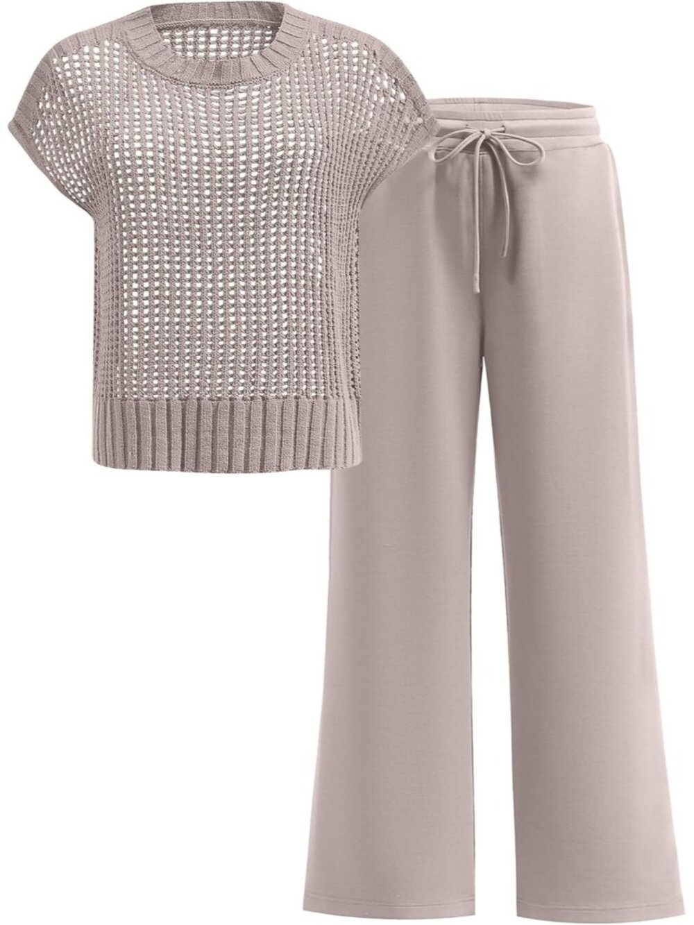 🆕Women Khaki 1 Two Piece Outfits Crochet Sheer Knit Sweater Top Wide Leg Pants